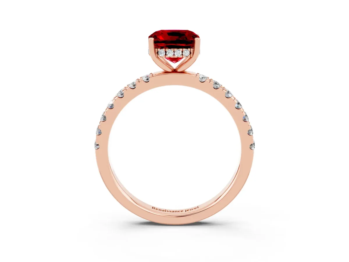 Cushion Cut Ruby Pave Band Solitaire Ring with Round and Prong Setting Rose gold