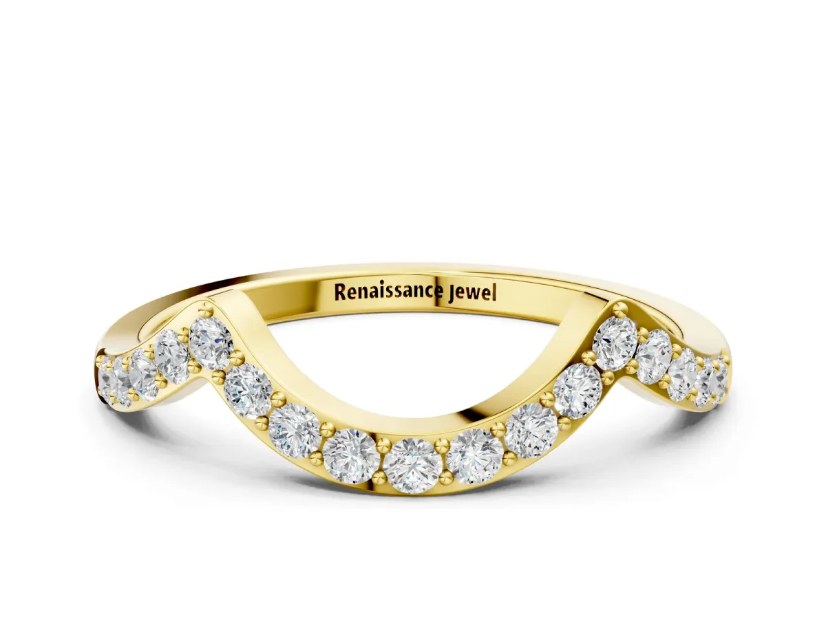 Curved Pave Round Diamond Contour Band with Shared Prong Setting Yellow gold