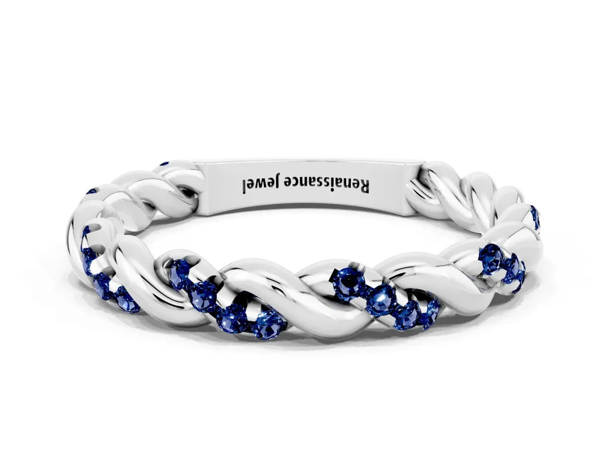 Twisted Pavé Round Blue Sapphire Eternity Band Silver