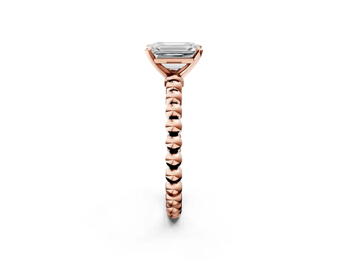 Emerald Cut Diamond Solitaire Ring with Beaded Band and Prong Setting Rose gold