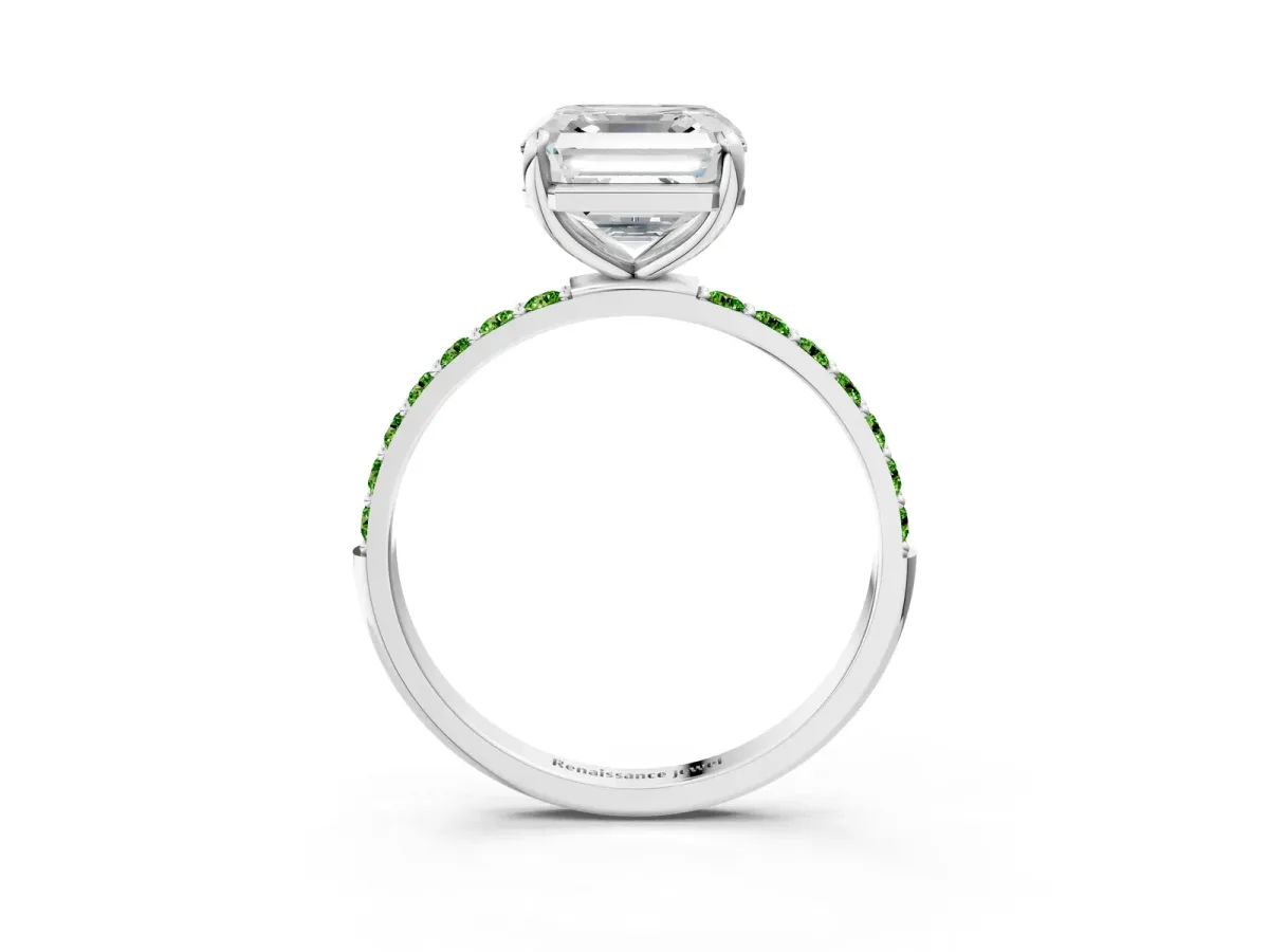 Asscher Cut Diamond Solitaire Ring with Round Peridot Pavé Band and Prong Setting Silver