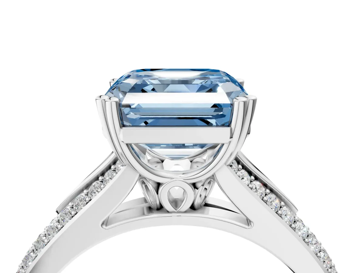 Fancy Blue Asscher Cut Diamond Split Shank Engagement Ring with Pavé Band Platinum