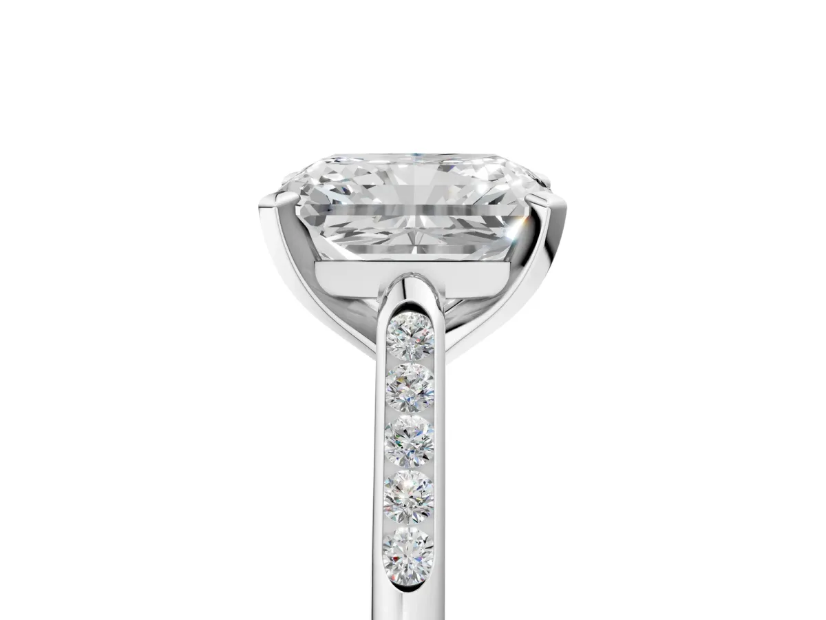 Radiant Cut Diamond Solitaire Ring with Channel Set Round Band and Prong Setting Silver