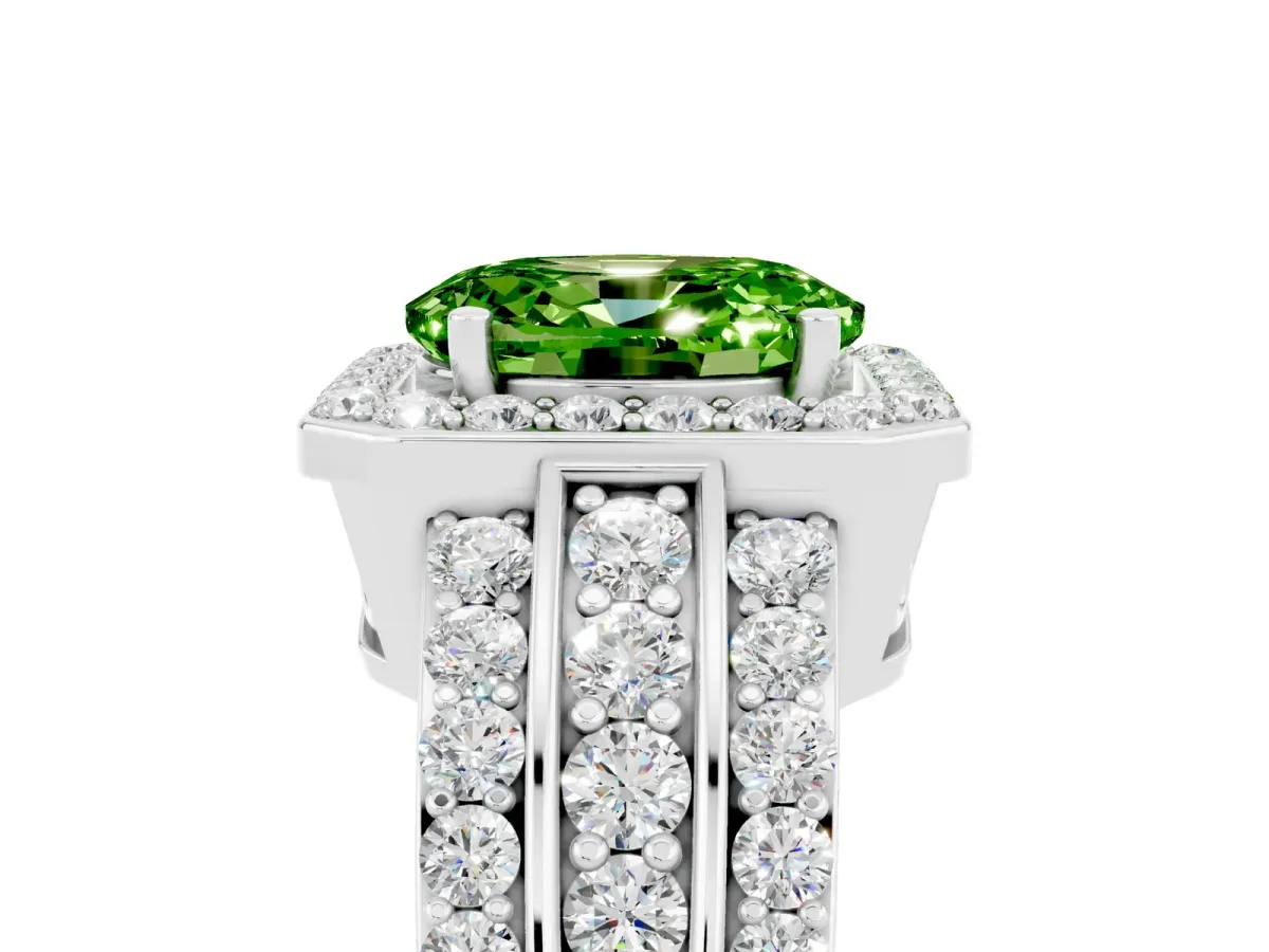 Oval Cut Halo Peridot Ring with Round Split Shank and Prong Setting Silver