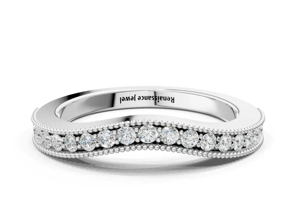 Round Brilliant Milgrain Bezel Set Diamond Wave Band White gold