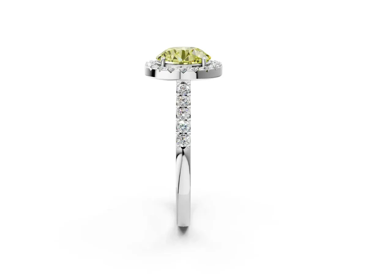 Fancy Yellow Round Cut Halo Diamond Pavé Solitaire Ring Platinum