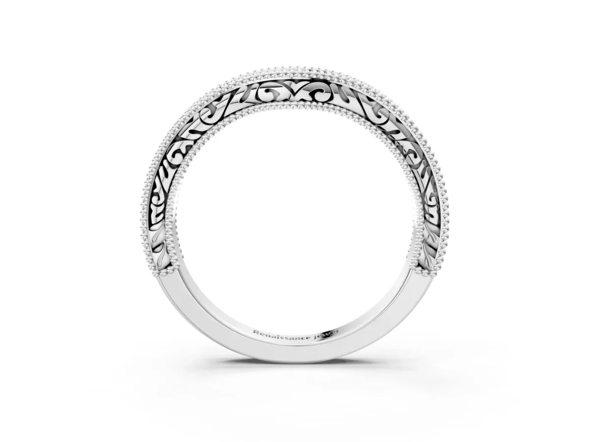 Pave Round Diamond Curved Milgrain Band Silver