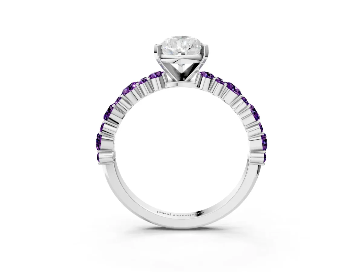Pear Cut Diamond Side Stone Solitaire Ring with Round Amethyst and Four-Prong Setting Platinum