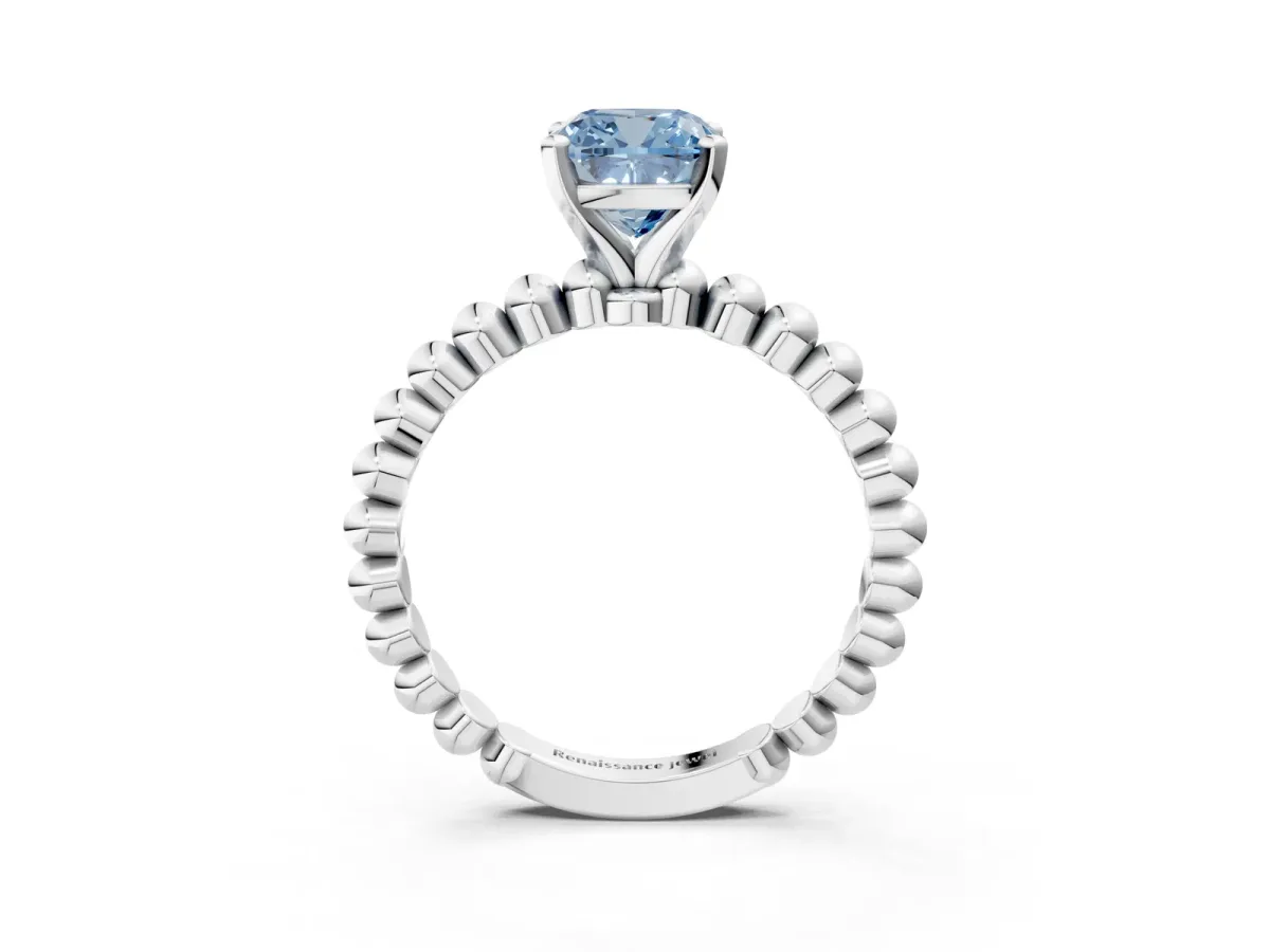 Fancy Blue Cushion Cut Diamond Solitaire Ring with Beaded Band and Prong Setting Silver