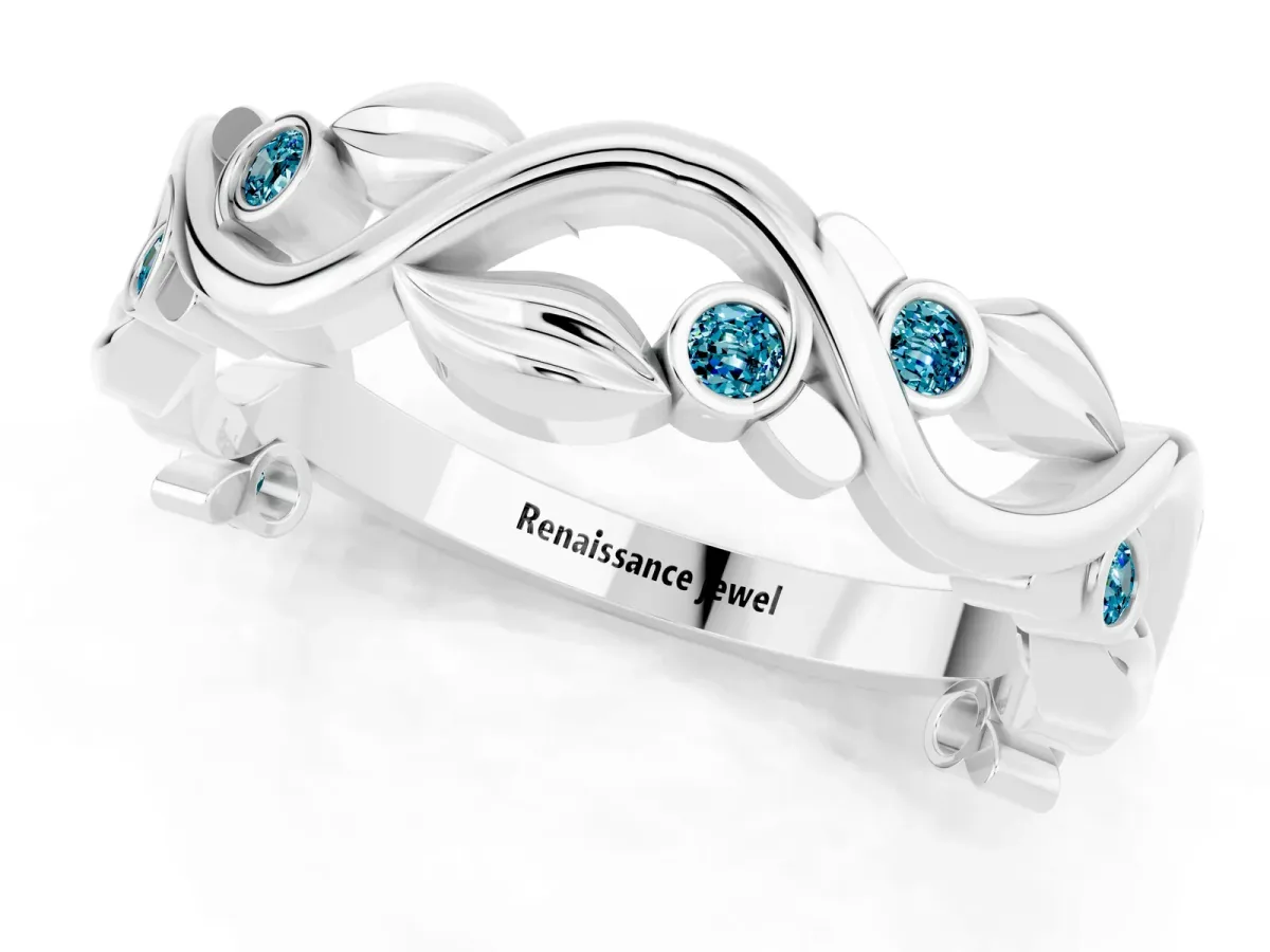 Round Blue Topaz Leaf Eternity Band with Bezel Setting White gold