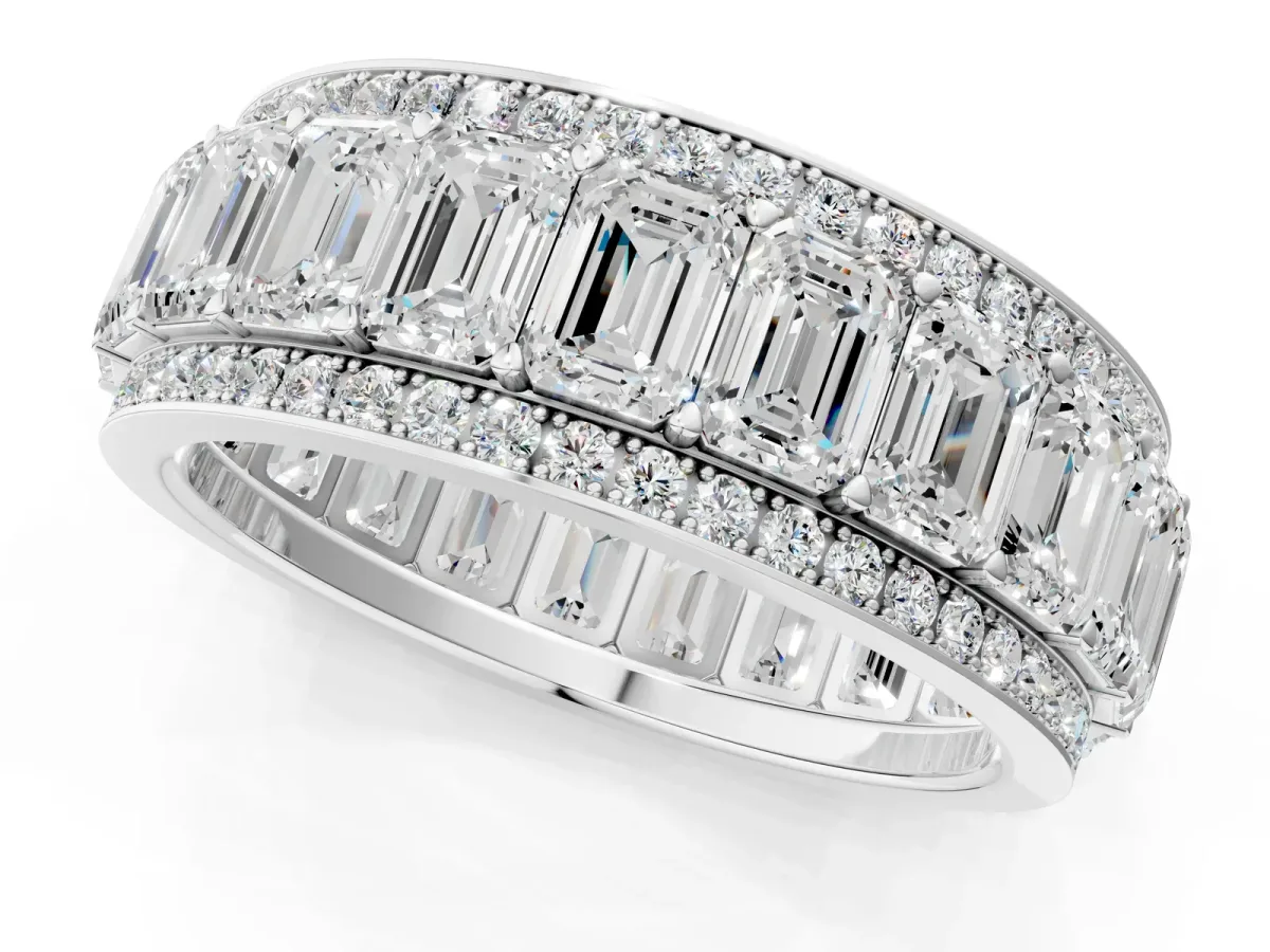 Emerald Cut and Round Diamond Multi-Row Mens Band Silver