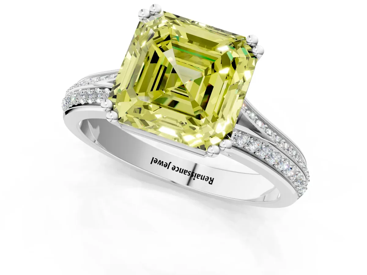 Fancy Yellow Asscher Cut Diamond Split Shank Engagement Ring with Pavé Band Platinum