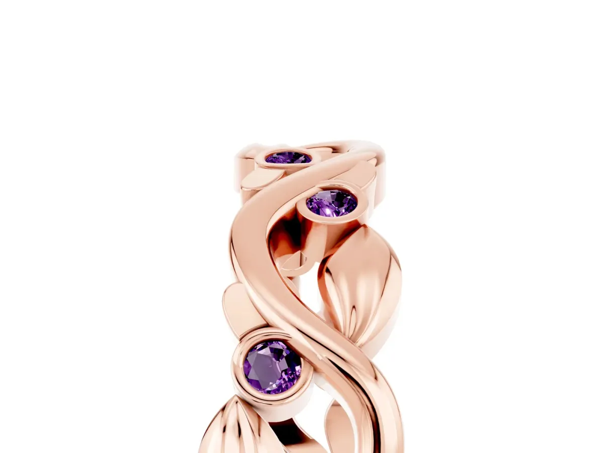 Round Amethyst Leaf Eternity Band with Bezel Setting Rose gold