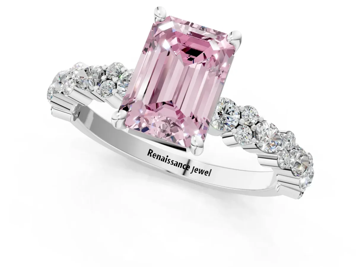 Fancy Pink Emerald Cut Diamond Side Stone Solitaire Ring with Round and Four-Prong Setting Platinum