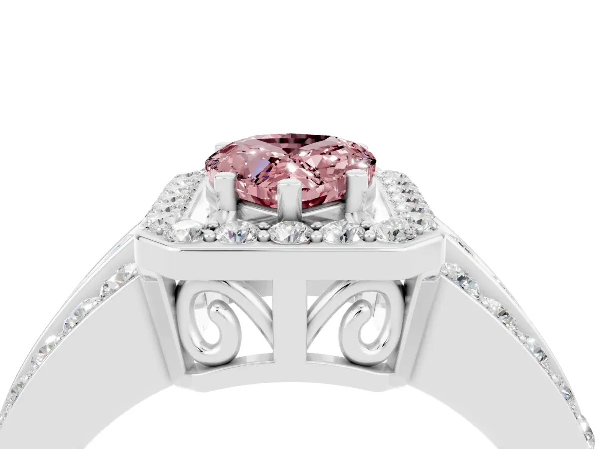 Pear Cut Halo Morganite Ring with Round Split Shank and Prong Setting White gold