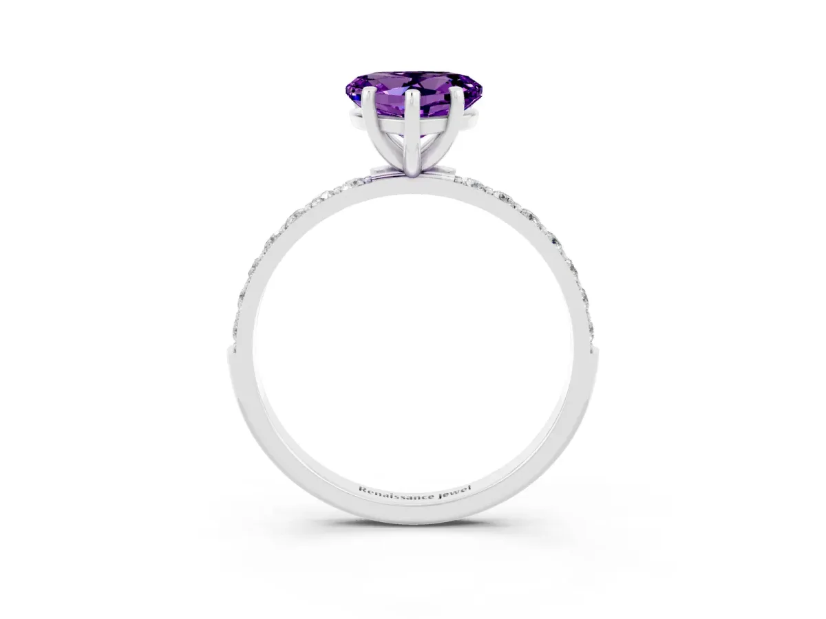 Heart Cut Amethyst Solitaire Ring with Round Pavé Band and Prong Setting Silver