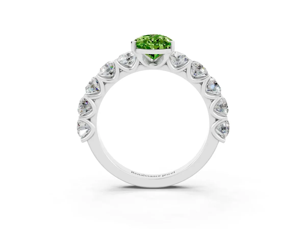 Pear Cut Peridot Prong Setting with Side Stones on a Pave Band White gold