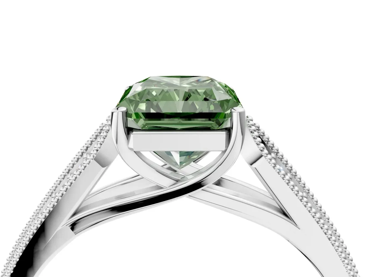 Fancy Green Radiant Cut Cut Pave Split Shank Engagement Ring with Four-Prong Setting Platinum