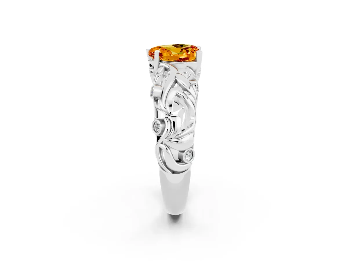 Heart Cut Solitaire Citrine Leaf-Inspired Vine Band Ring with Prong Setting Platinum