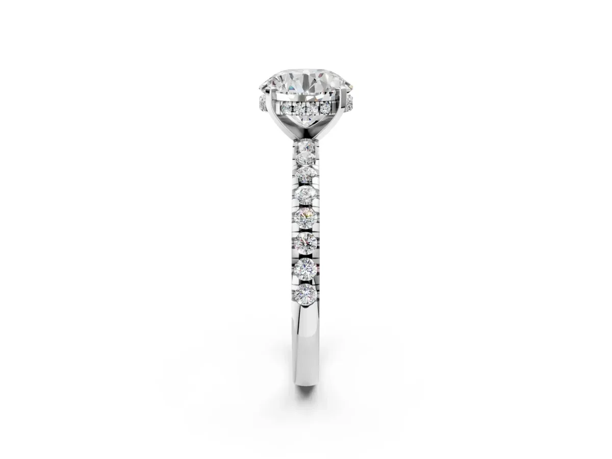 Round Cut Diamond Solitaire Ring with Round Pavé Band and Four-Prong Setting Platinum