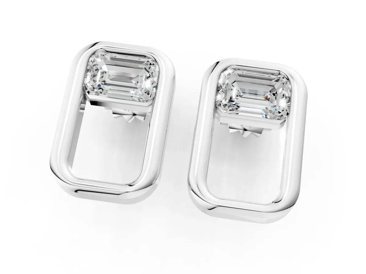 Emerald Diamond Open Frame Stud Earrings Platinum