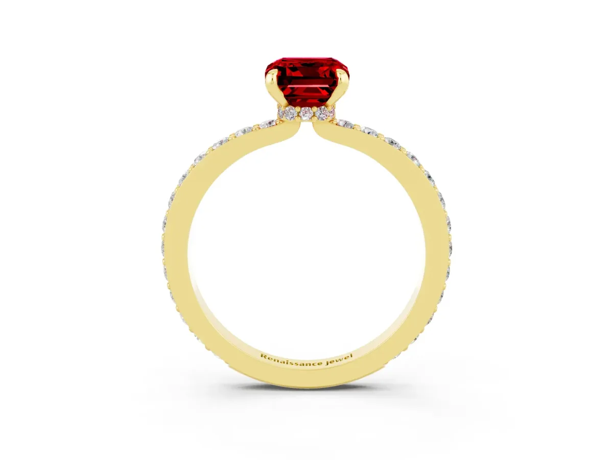 Emerald Cut Ruby Solitaire Engagement Ring with Pavé Band and Four-Prong Setting Yellow gold