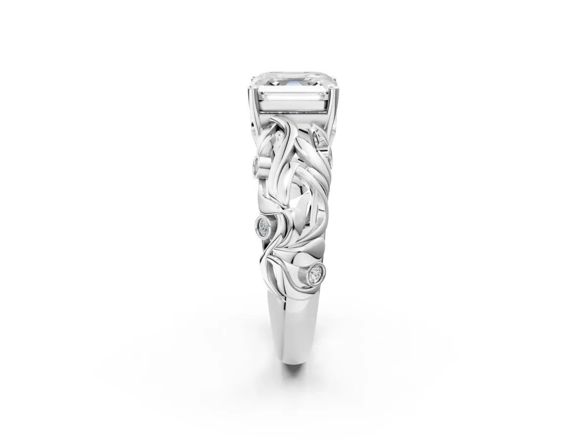 Asscher Cut Solitaire Diamond Leaf-Inspired Vine Band Ring with Prong Setting Platinum