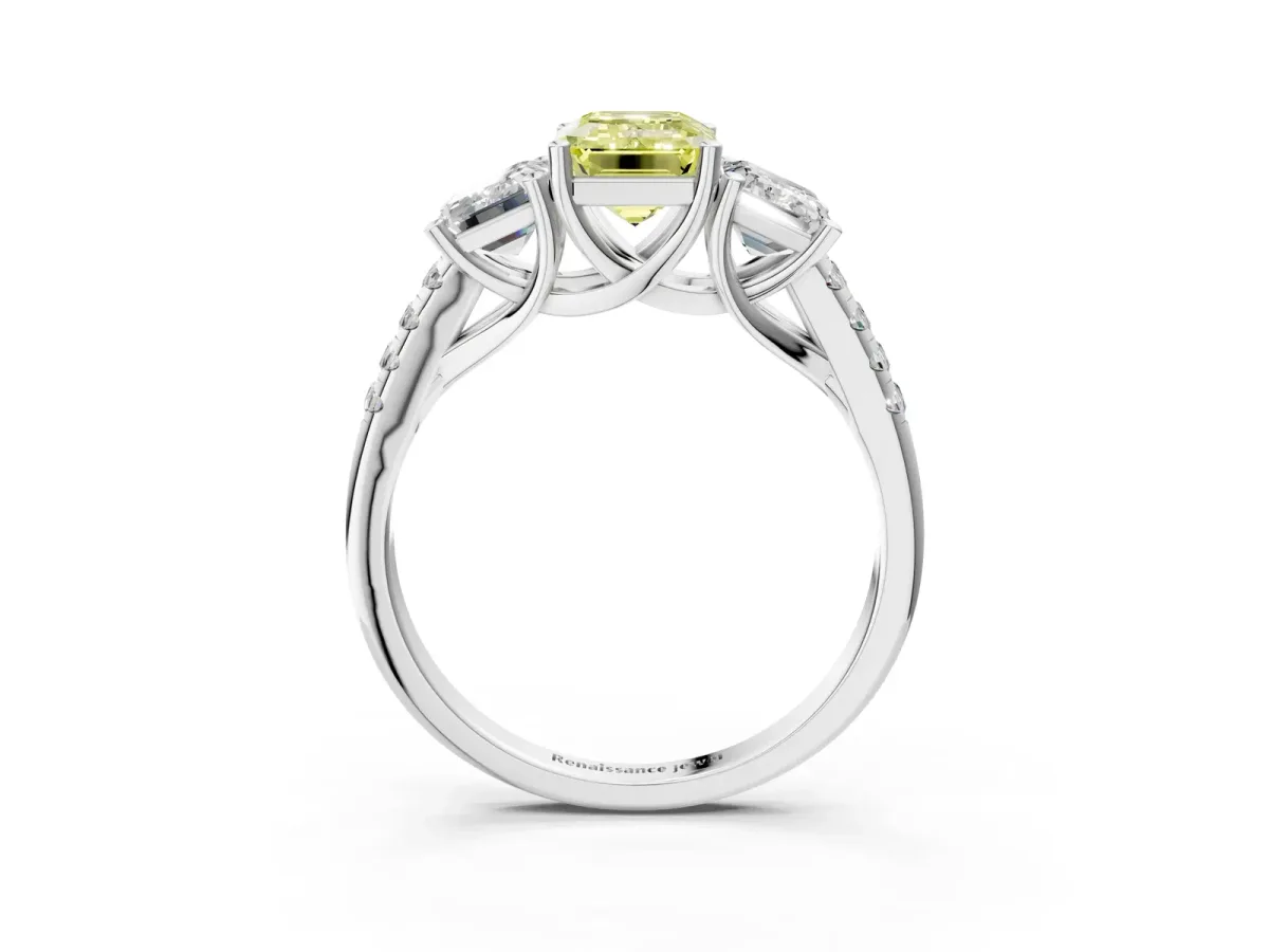 Fancy Yellow Three-Stone Emerald Cut Diamond Ring with Round Pavé Band and Prong Setting Silver