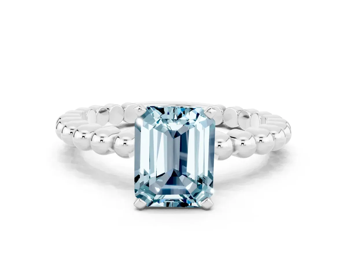 Emerald Cut Aquamarine Solitaire Ring with Beaded Band and Prong Setting Silver
