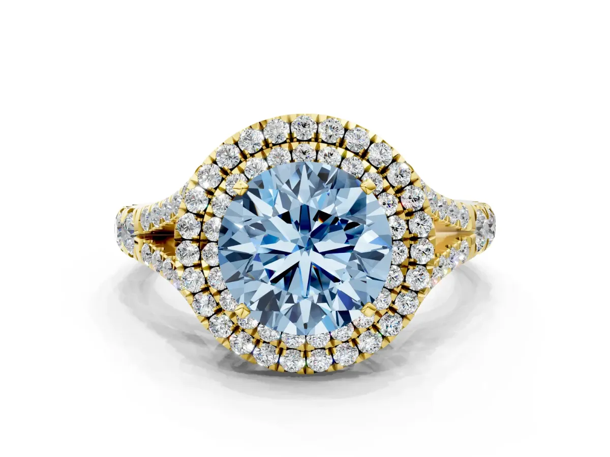 Fancy Blue Round Cut Diamond Double Halo Ring with Split Shank and Prong Setting Yellow gold