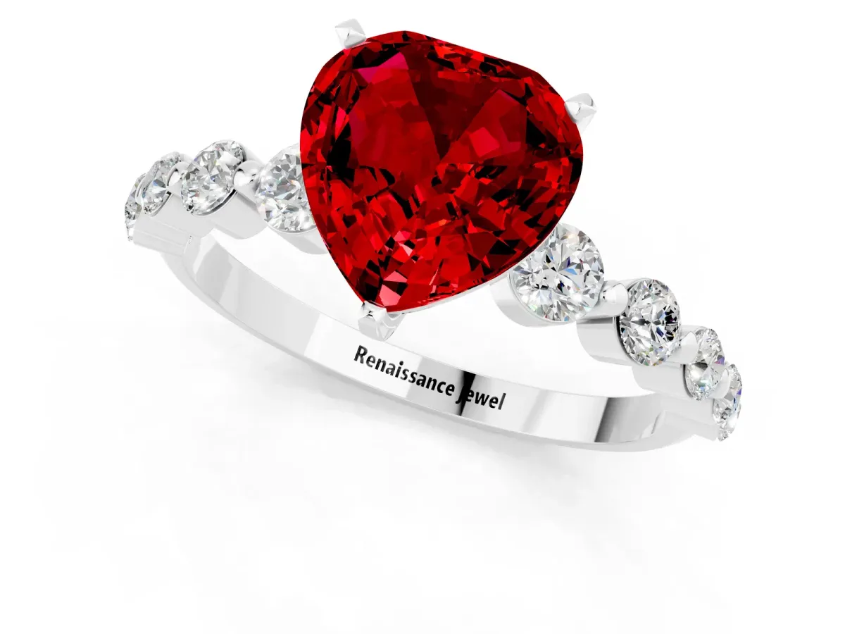 Heart Cut Solitaire Ruby Ring with Pave Band and Four-Prong Setting Silver