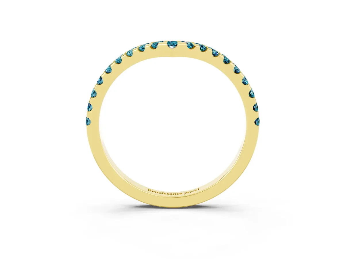 Pavé Round Blue Topaz Chevron Band with Shared Prong Setting Yellow gold