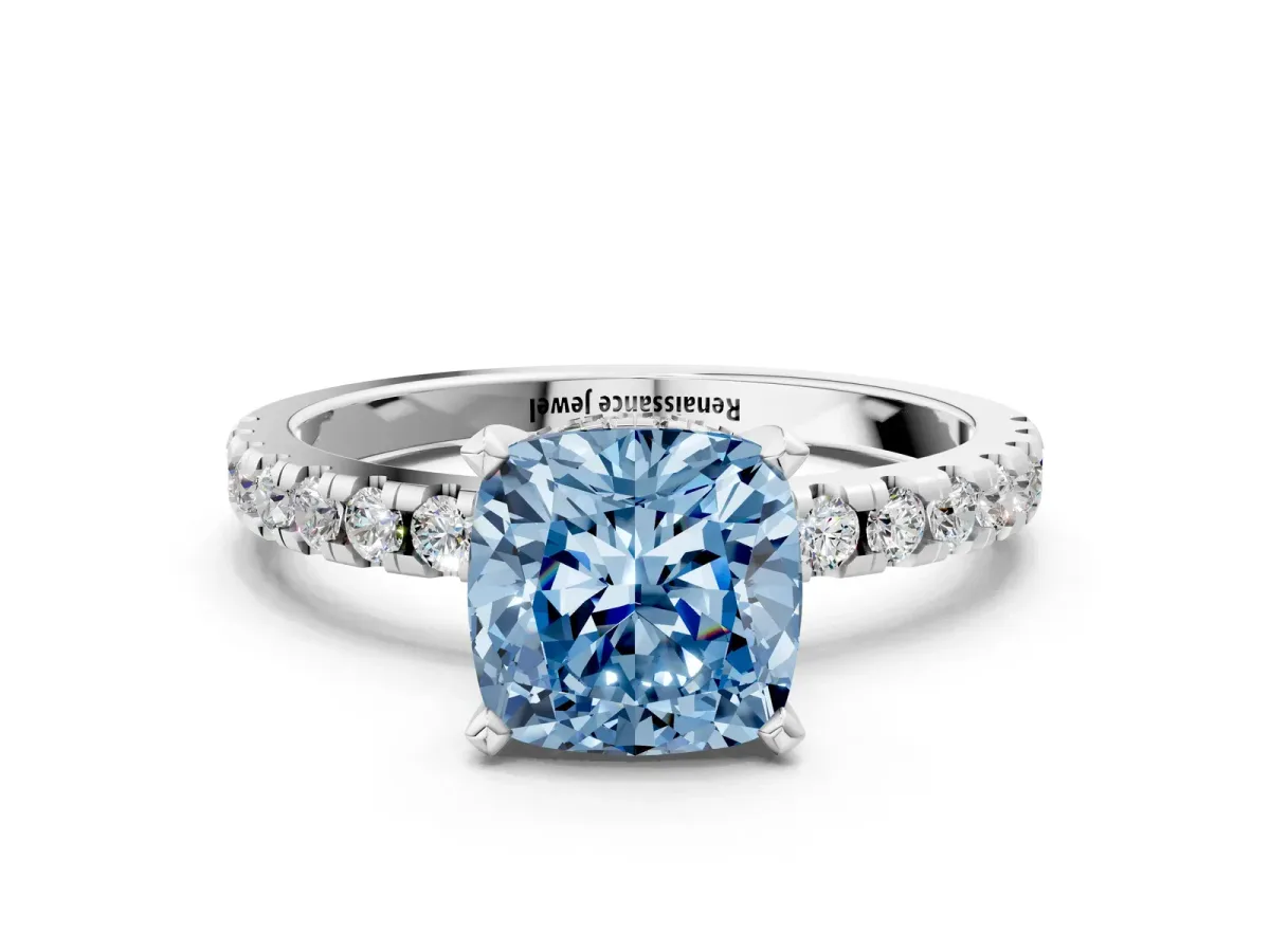 Fancy Blue Cushion Cut Diamond Solitaire Ring with Round Pavé Band and Four-Prong Setting Silver