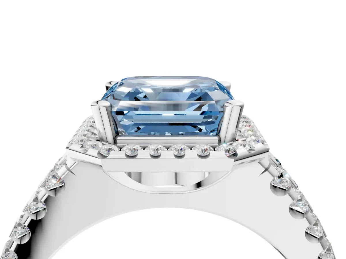 Fancy Blue Asscher Cut Halo Diamond Split Shank Engagement Ring with Prong Setting Platinum