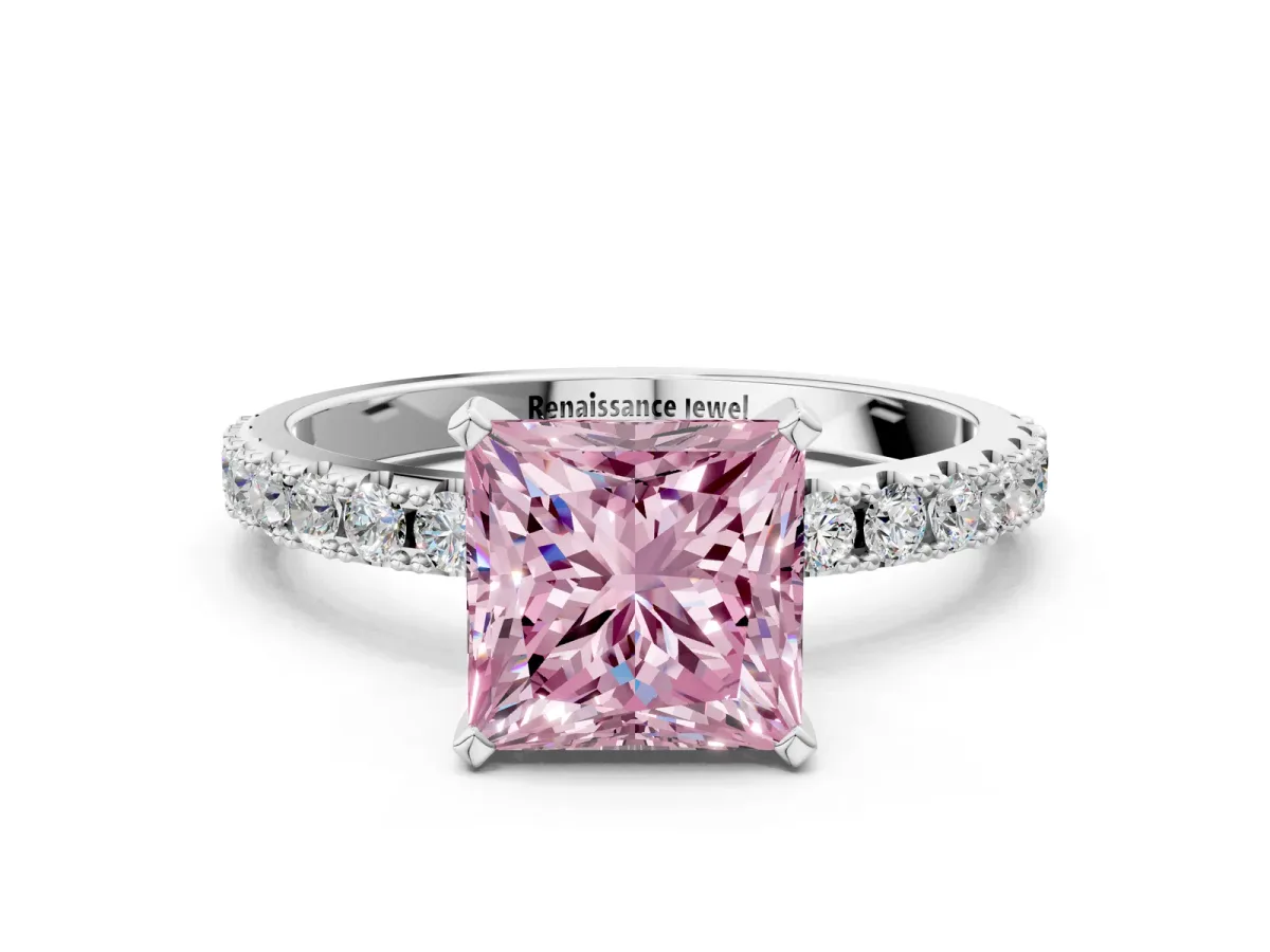 Fancy Pink Princess Cut Diamond Solitaire Pavé Band with Four-Prong Setting Silver