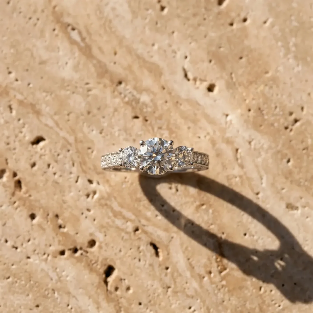 Three-Stone Round Cut Cut Diamond Engagement Ring with Split Shank and Prong Setting Silver
