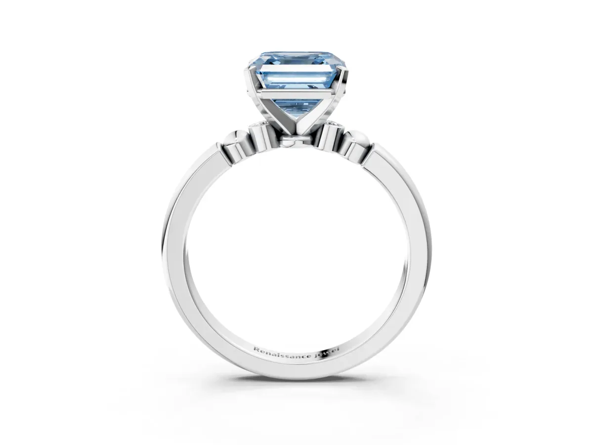 Fancy Blue Asscher Cut Solitaire Beaded Band with Four-Prong Setting Platinum