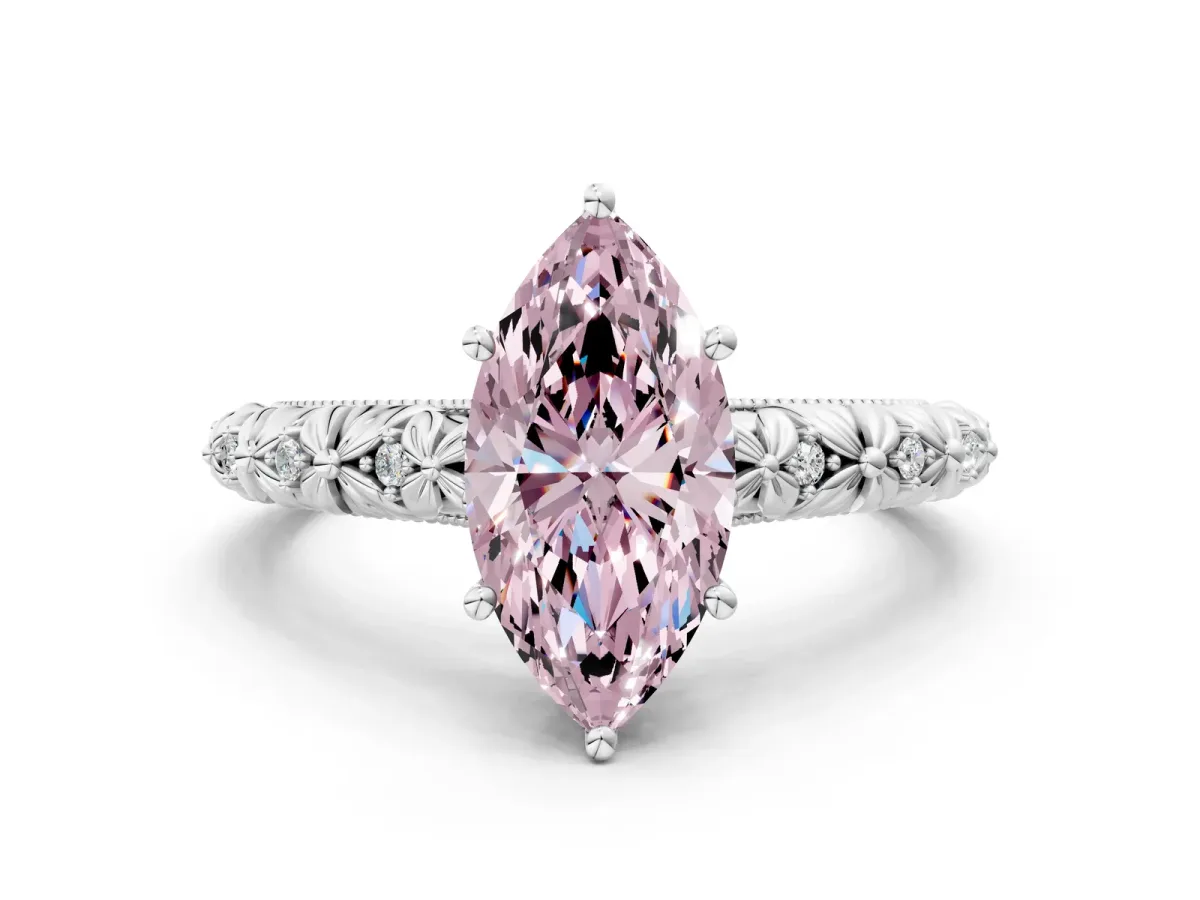Fancy Pink Marquise Cut Solitaire Floral Milgrain Engagement Ring Silver