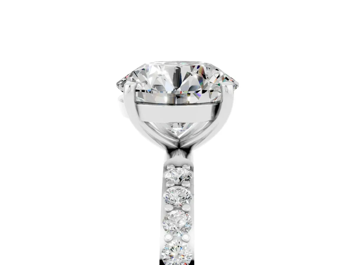 Round Cut Moissanite Solitaire Ring with Round Pavé Band and Prong Setting Silver