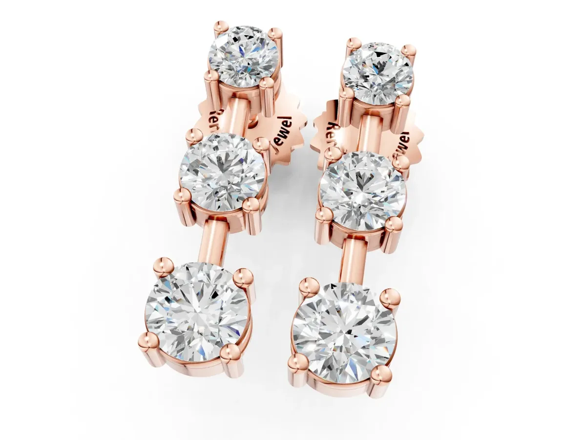 Three-Stone Round Cut Drop Earrings with Prong Setting Rose gold