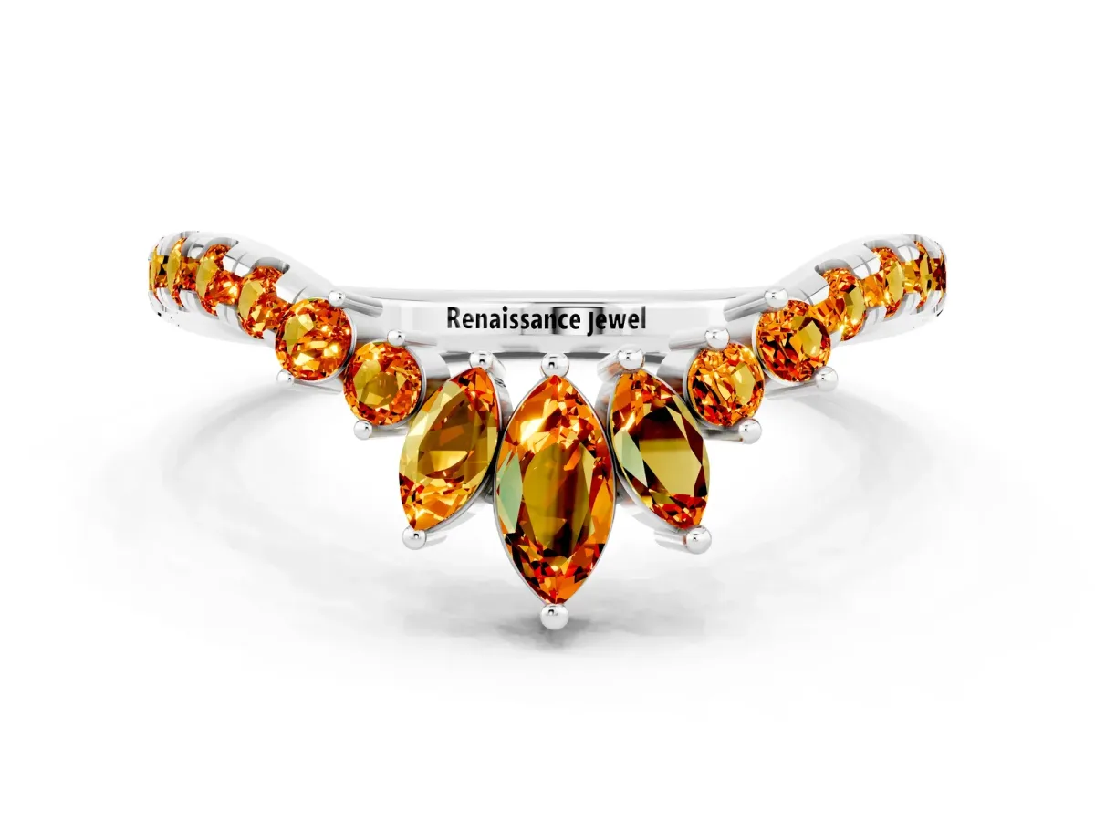 Chevron Marquise and Round Citrine Open Band with Prong Setting Platinum