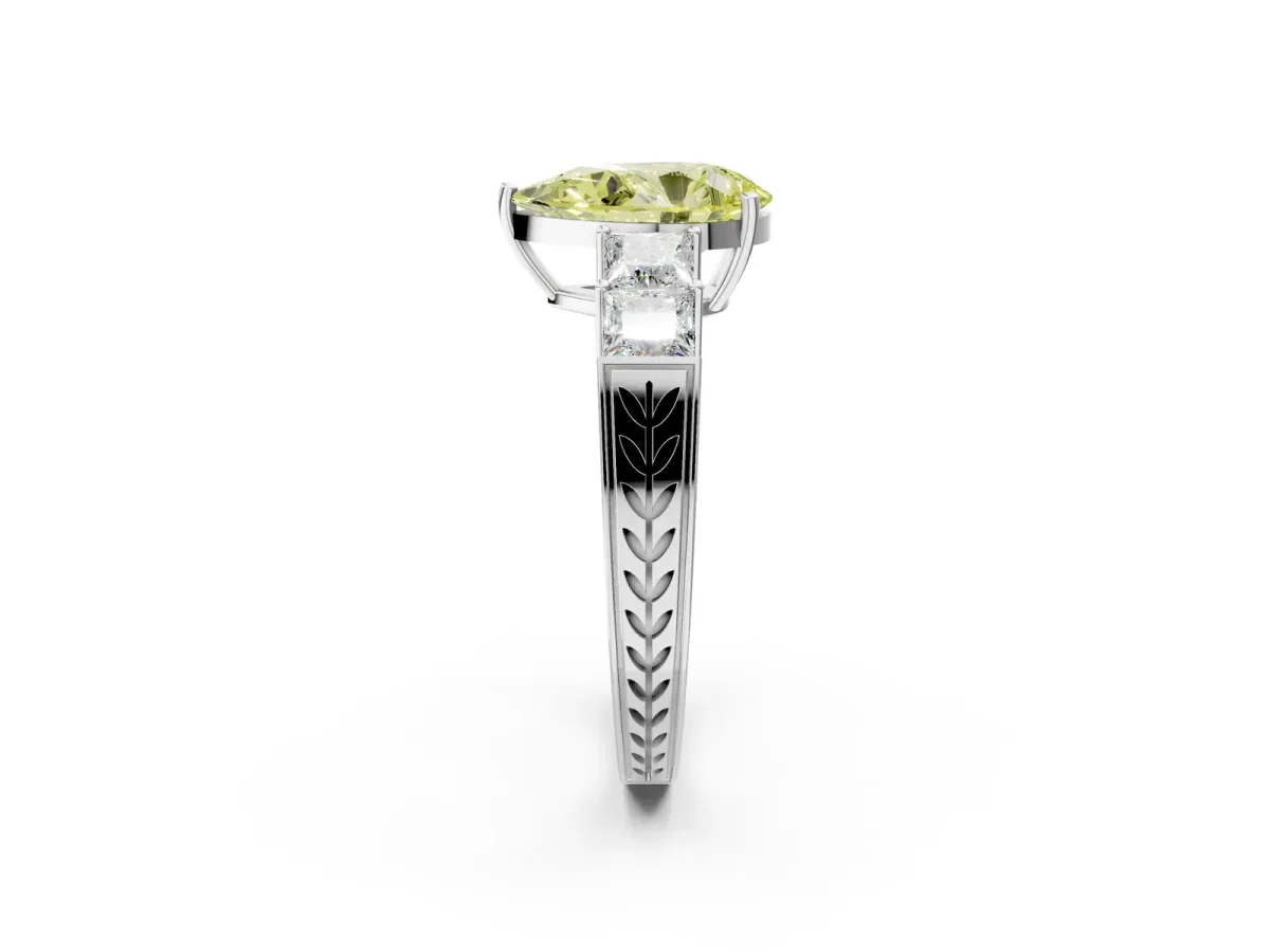 Fancy Yellow Pear Cut Solitaire Princess Side Stone Engraved Band Prong Setting Ring Silver