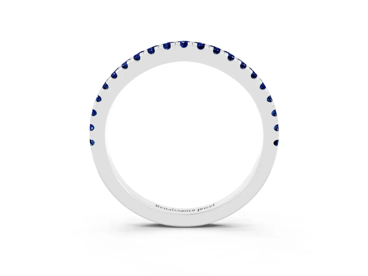 Round Blue Sapphire Pavé Half Eternity Band with Shared Prong Setting Silver