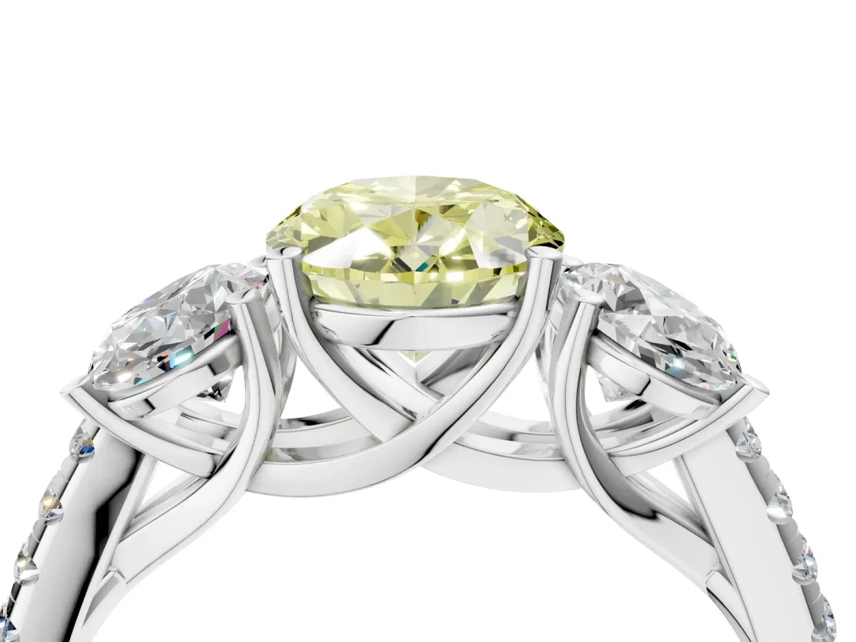 Fancy Yellow Three-Stone Oval Cut Diamond Ring with Round Pavé Band and Prong Setting Platinum