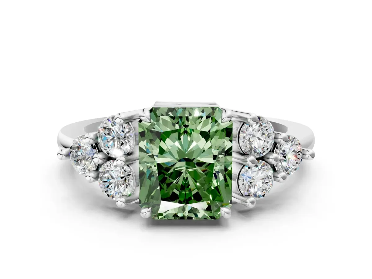 Fancy Green Radiant Cut Brilliant Diamond Cluster Accent Solitaire Ring with Prong Setting Platinum