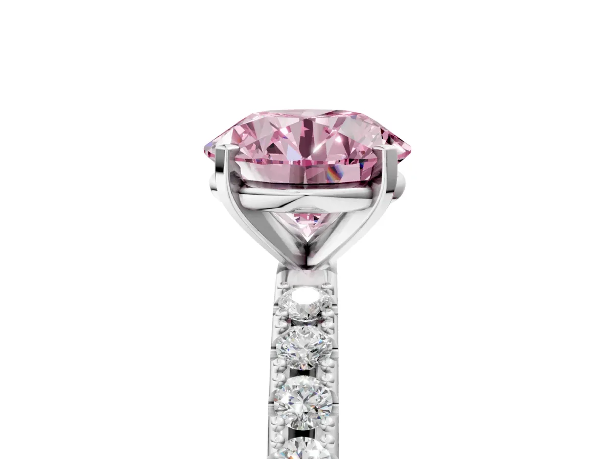 Fancy Pink Round Cut Diamond Solitaire Pavé Band with Four-Prong Setting Platinum
