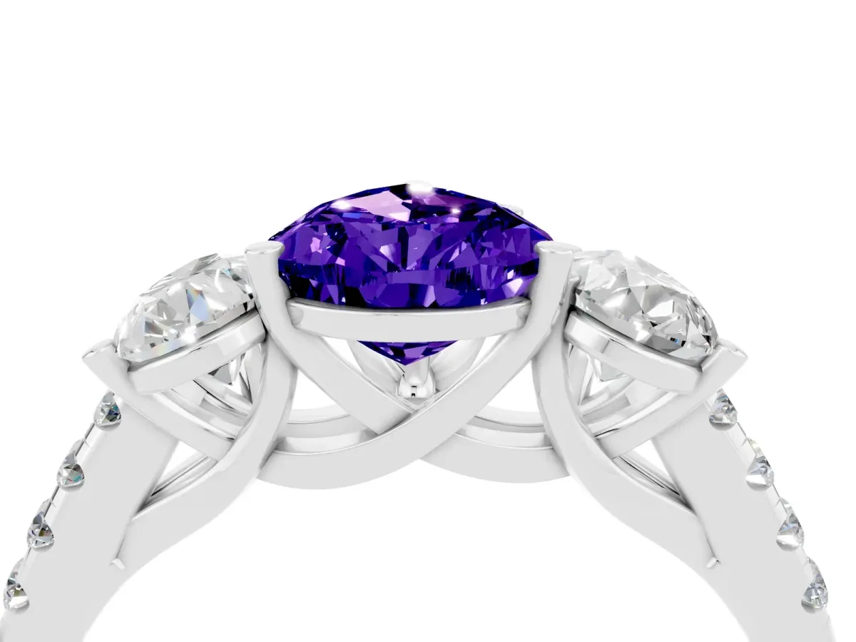 Three-Stone Pear Cut Tanzanite Ring with Round Pavé Band and Prong Setting Platinum