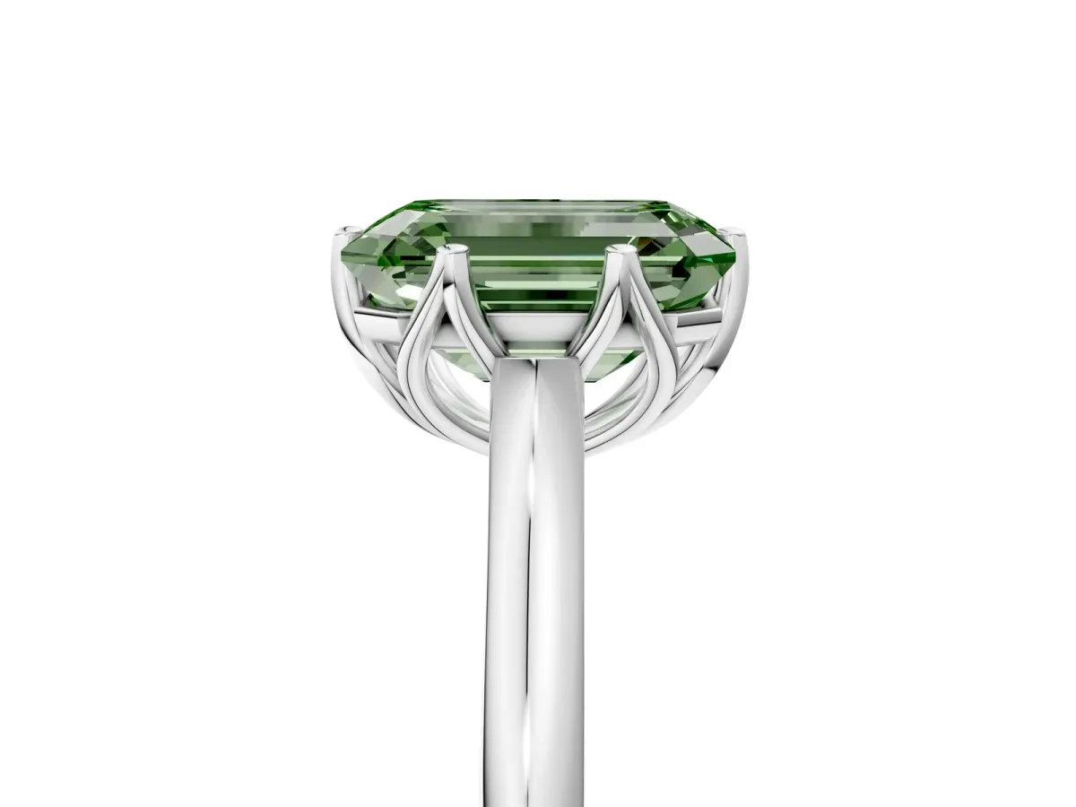 Fancy Green Emerald Cut Solitaire Cathedral Diamond Ring with Six-Prong Setting Silver