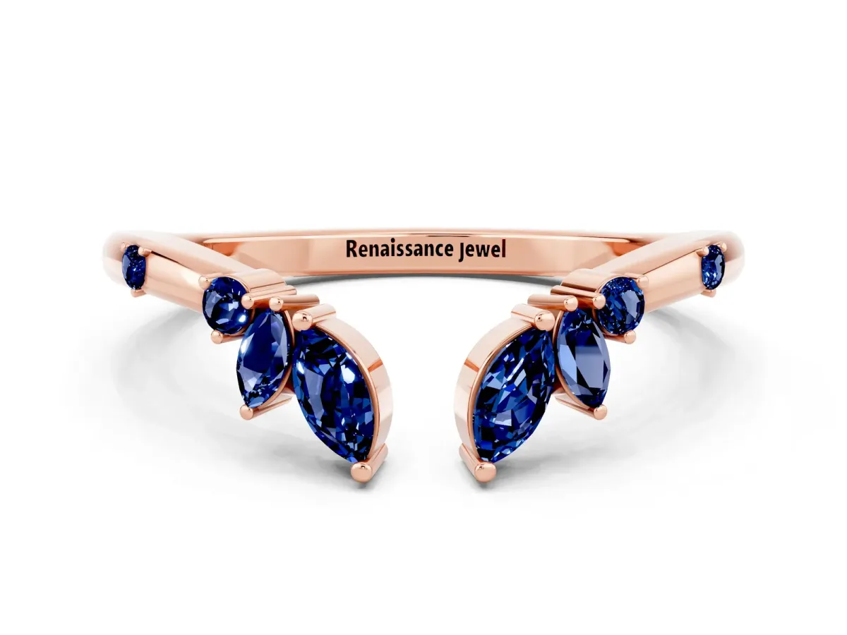 Open Marquise Cluster Blue Sapphire Band with Prong Setting Rose gold