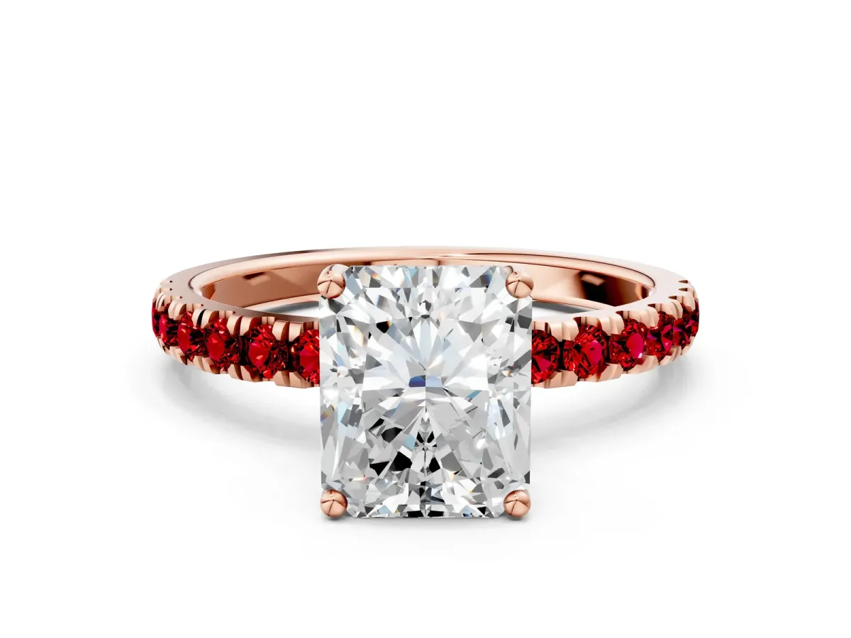 Radiant Cut Diamond Pave Band Solitaire Ring with Round Ruby and Prong Setting Rose gold